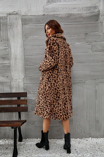 Brown Leopard Trykt Faux Fur Long Women Coat